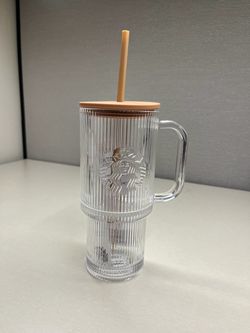 Starbucks Ribbed Glass Tumbler with Handle and Straw