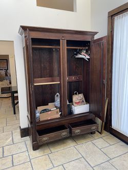 Huge 86” Tall 59” Wide Wooden Armoire Clothes Coat Closet Cabinet w Two  Mirrored Doors & Two Wood Drawers for Sale in Los Angeles, CA - OfferUp