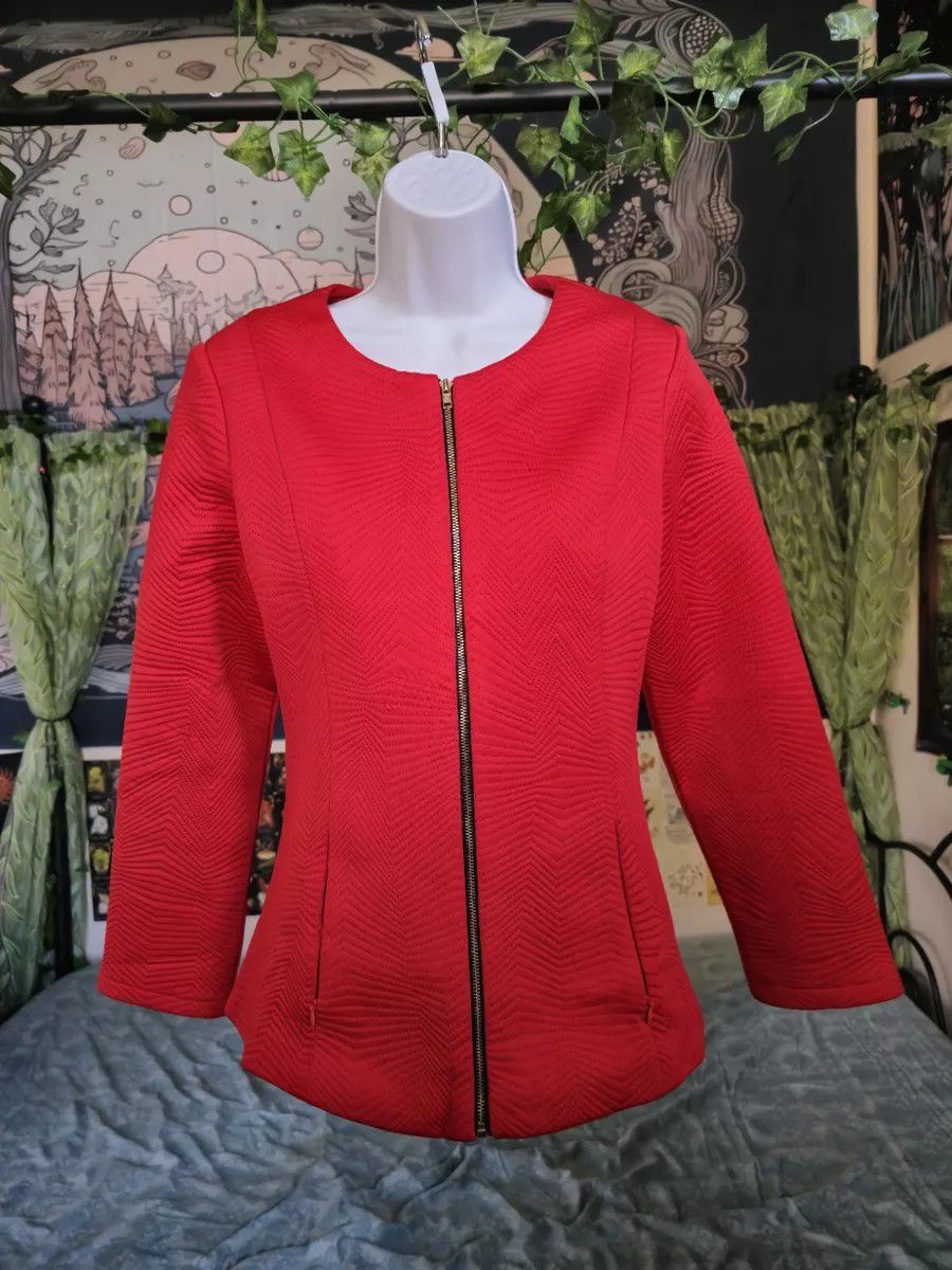 Bold Bright Red Thick Slimming Zip Up Fashion Coat Jacket Small