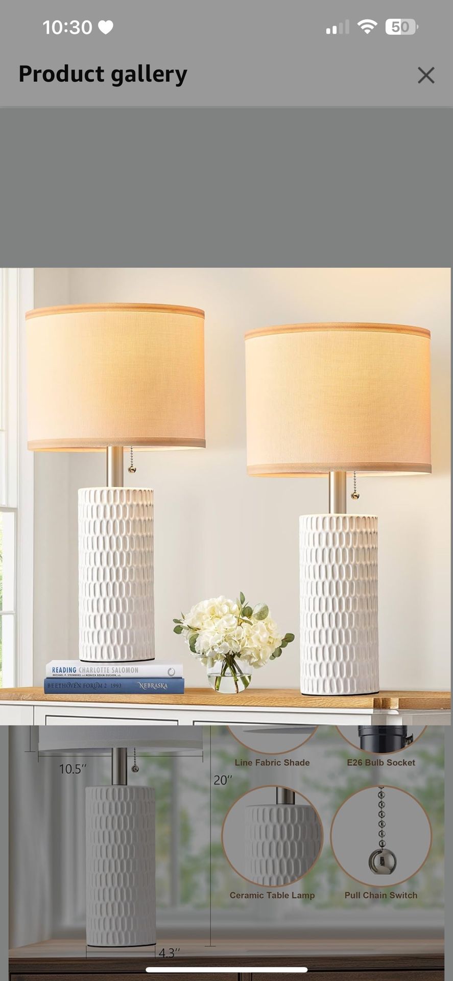 Table Lamps for Living Room Set of 2, Ceramic Table Lamps for Bedroom, 20" Modern Lamps for Night Stands, White