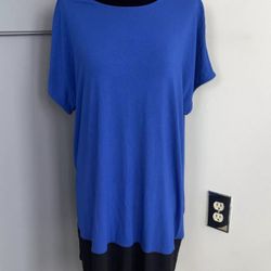 J. Jill Wearever Collection Women’s Large Tunic Dress Blue Black Stretchy Short Sleeve 