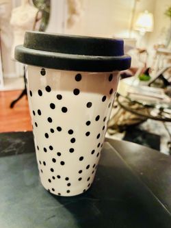 White Ceramic Travel Mug with Black Dots