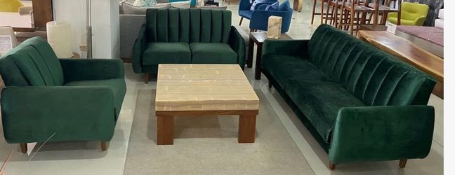 Green Velvet Sofa Set with Coffee Table