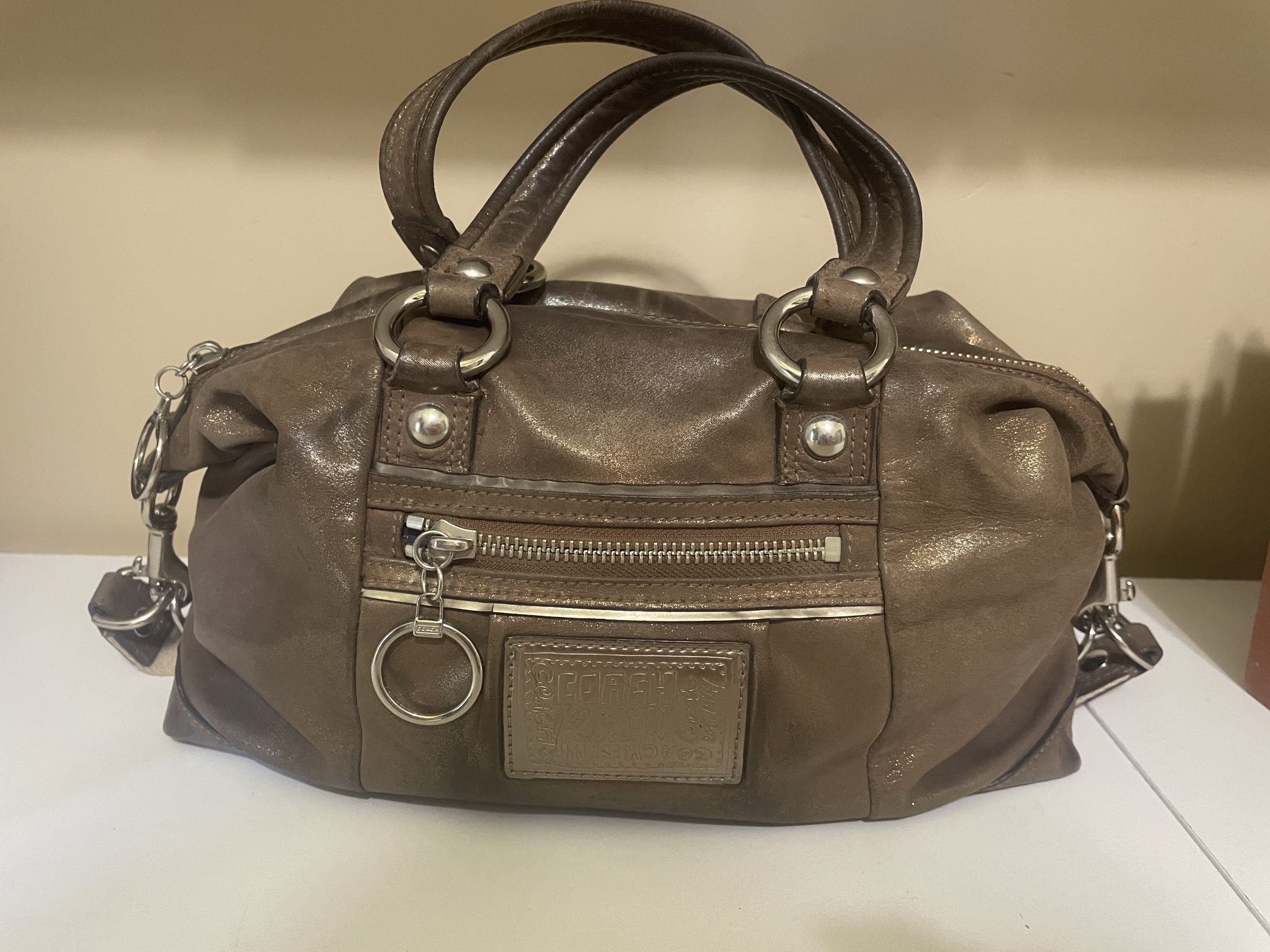 Coach Poppy Metallic Bronze Leather Satchel 2 Way Handles Tote or Shoulder Bag