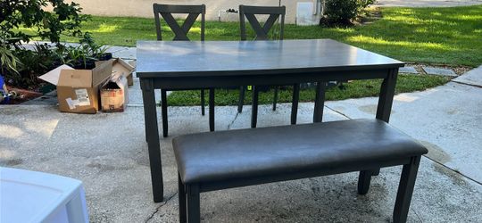 Gray Dining Table Set with Bench and Chairs