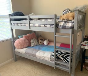 Gray Twin over Twin Bunk Bed with Trundle and 2 twin mattresses