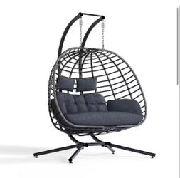 New -Double Egg Chair Outdoor with Stand, Patio Hanging Swing, Grey