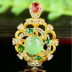 Cert'd Untreated Green Natural Agate Chalcedony Pendant Four Leaf flower 