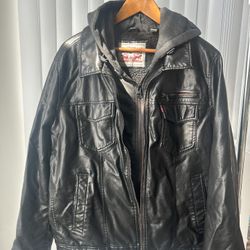 Levi's Men's Faux Leather Hooded Trucker Jacket With Sherpa Lining