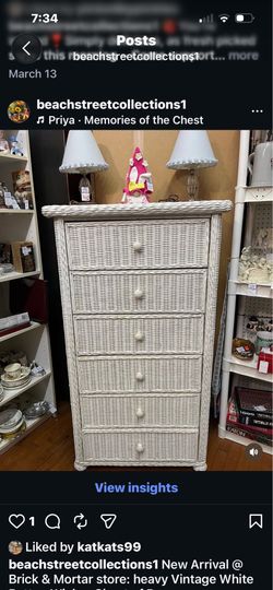 Vintage White Wicker Rattan Chest of Drawers