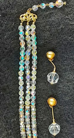 MIB aurora borealis clear faceted crystal and rhinestone necklace w dangle pierced earrings
