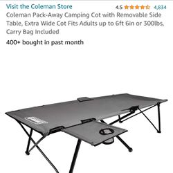 NEW: Coleman Pack Away Camping Cot, Removable Side Table, Extra Wide Fits Large Adults, Carry Bag