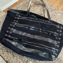Victoria’s Secret rose gold black stripe tote bag zippered top 