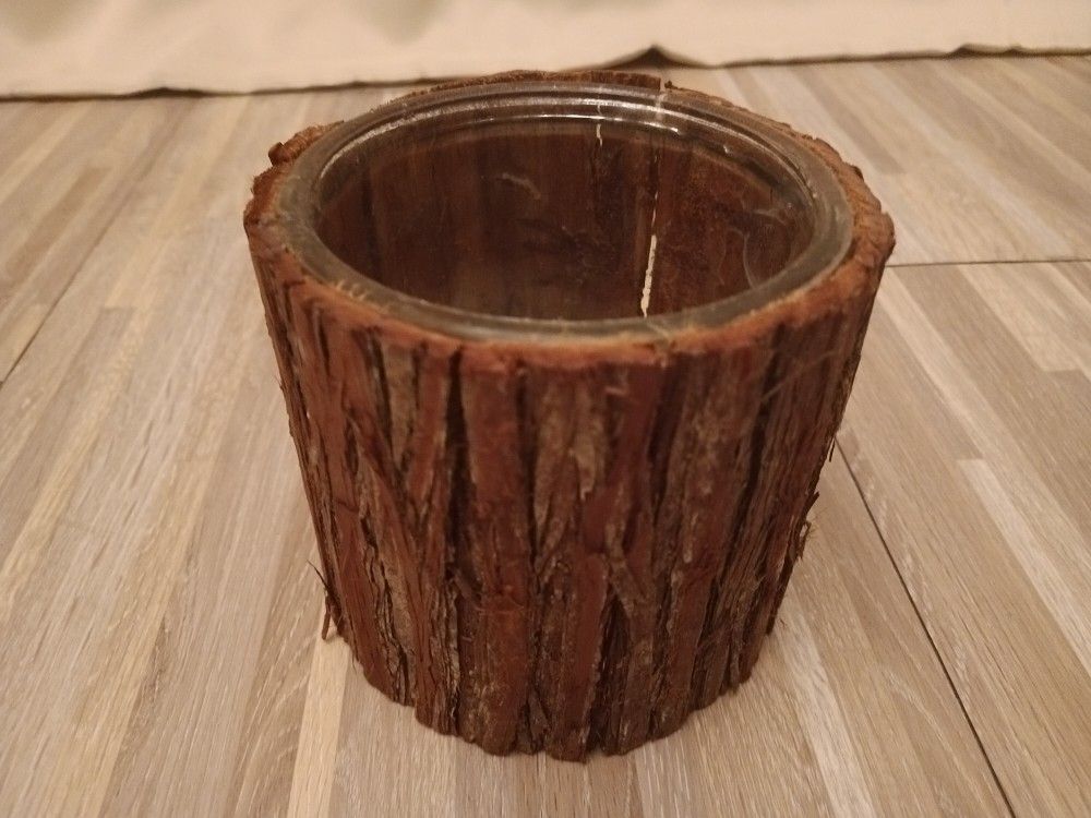 Candle Holder Tree Bark And Glass