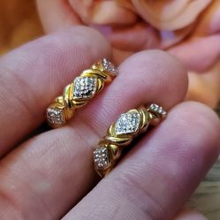 14k Yellow Gold over 925 Sterling & Real Diamond Criss Cross Hoop Earrings J-537