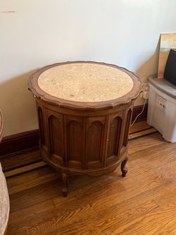 Vintage Round Marble Top End Table / Side Cabinet