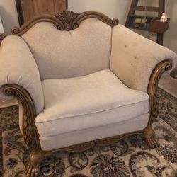 Carved Wood Cream Upholstered Arm Chair Great Condition 