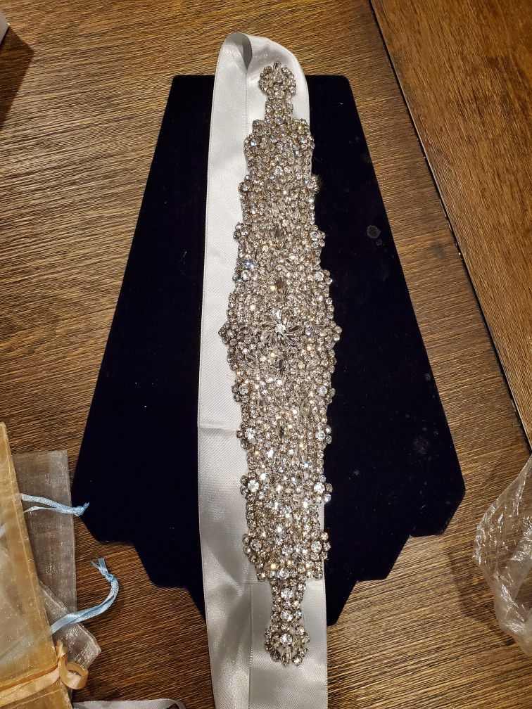 Ladies New Stone Bridal Sash, Soft Grey Ribbon