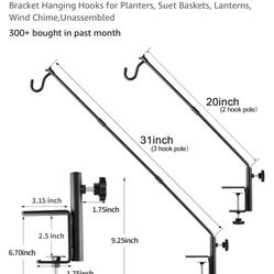 2 Pack Heavy Duty Fence Deck Hook 31 Inch for Bird Feeder-Extended-Adjustable-360 Degree Rotary-Solid Rod Plant Bracket Hanging Hooks for Planters, Su