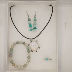 Opalite Turtle Necklace Jewelry Set With Turquoise Earrings And Caribbean Bracelet 