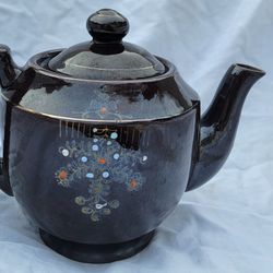 Moriage Brown Betty Redware Teapot Hand Painted Vintage 1940s Japan 