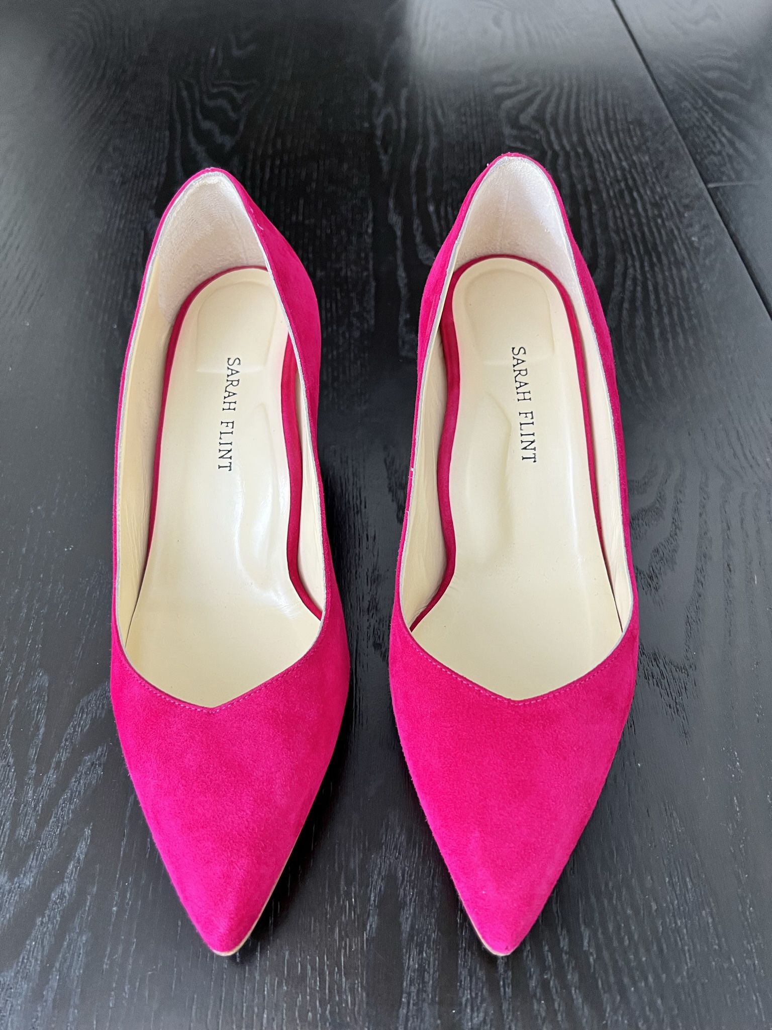 Sarah Flint perfect pump in “pomegranate suede”; size  37.5 (7.5 US)