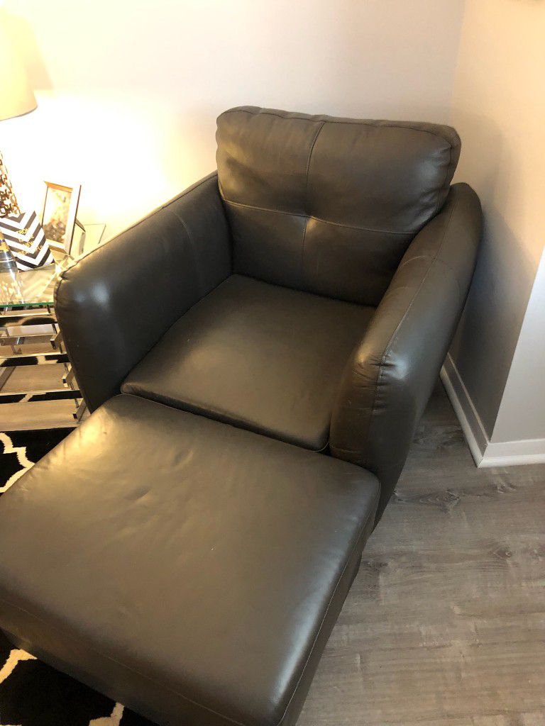Gray Leather Chair and Ottoman 