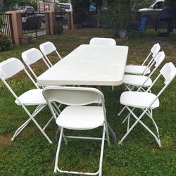 SET OF 9 - 8 White Folding Party Event Chairs + 1 6FT folding Event Party Table Event Outdoor Indoor Picnic Table Furniture Party Chairs And Table Set