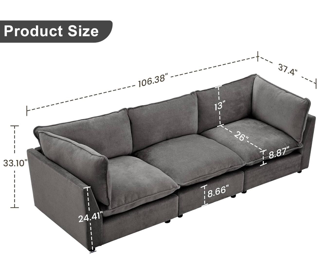 Oversized Modular Sectional Sofa, Chenille Cloud Couch Deep Seat, 3-Seater Modular Sofa Couch for Living Room, Dark Grey  (FN108)