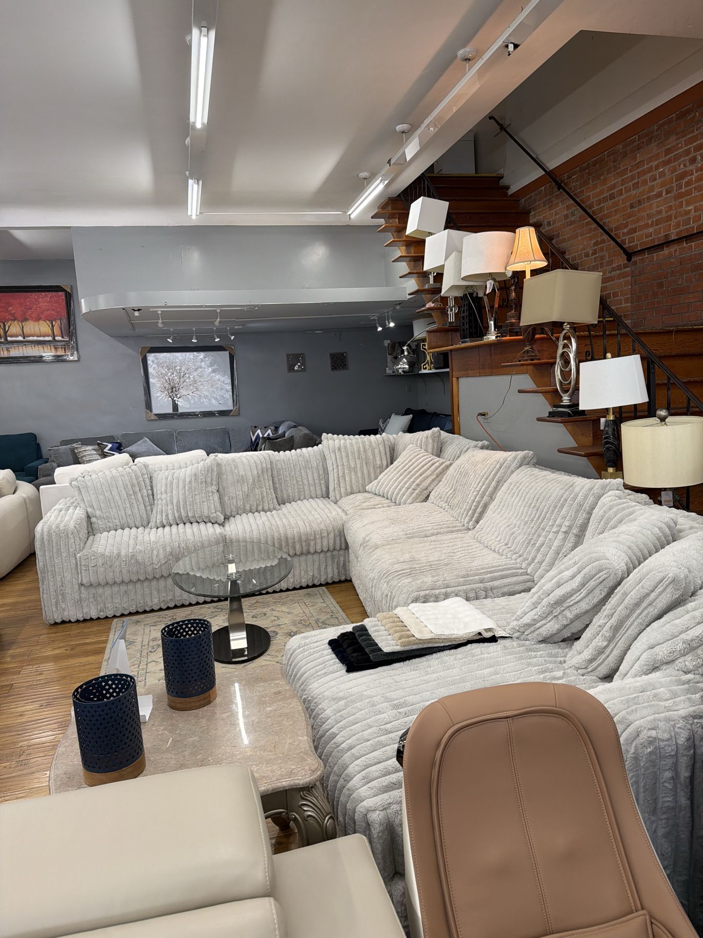 Grey Corduroy Couch/Sectional - Cup Holders - Pull Out - Same Day Delivery - No Credit Needed