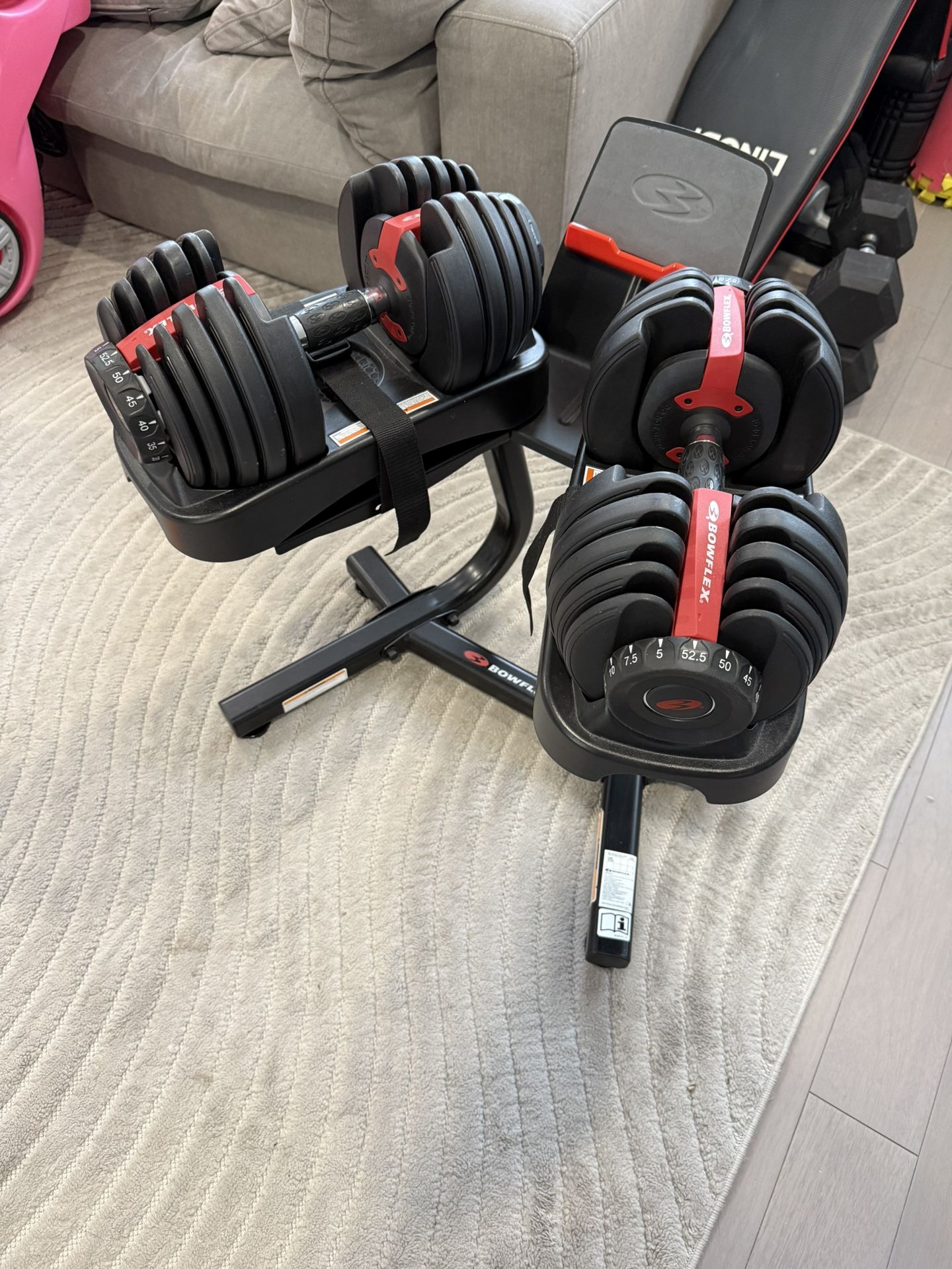 bowflex dumbbells up to 52.5 pds each with stand and bench press