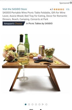 SASIDO Portable Wine Picnic Table Foldable, Gift for Wine Lover, Acacia Wood, Bed Tray for Eating, Decor for Romantic Dinners, Beach, Camping, Concert
