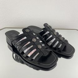 Vintage Y2K 90s Black Leather Flower Strappy Low Heel Summer Fisherman Sandals
