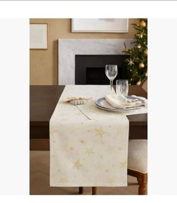 Fennco Styles Holiday Embroidered Metallic Star Table Runner 16" W x 90" W - Ivory Woven Table Cover for Home Décor, Banquet, Family Gathering, Christ