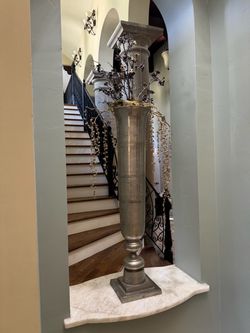 Large Silver Metal Floor Vase with Pedestal Base
