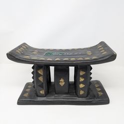 Handcrafted African Ashanti Wood Stool/Headrest with Brass & Bead Inlay