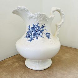 Antique Blue And White Transferware Wash Basin Pitcher Or Vase 