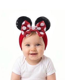 Baby Girl Mouse Ears Headwrap with Sequin Polka Dot Bow, Velvet Turban Hairband,