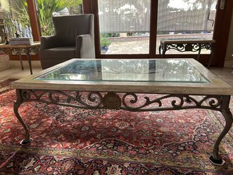 Travertine look and Wrought Iron Glass Top Coffee Table