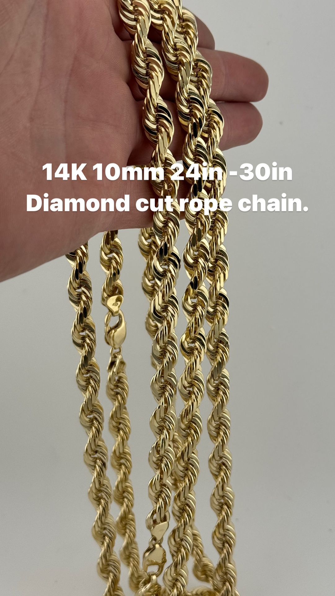 14K 10mm 24in -30in diamond cut rope chain . brand new re-stock.