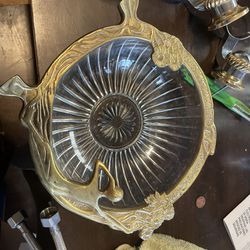 1 new  Glass Dish W Decreative Solid Brass Rim 