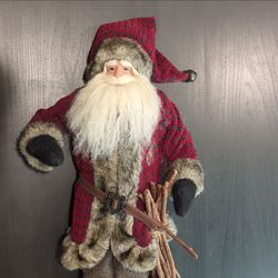 18” Woodland Santa / Father Christmas Figurine – Faux Fur, Jingle Bell, Wood Base