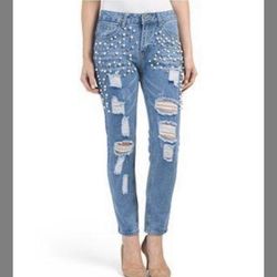 MIDNIGHT MUSE Pearl Rhinestone Embellished High Rise Distressed Boyfriend Jeans