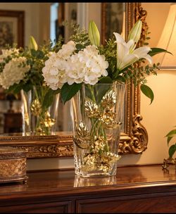 Clear CrystalGlass vase w ornate Vintage Italian Brassfloral design Rare