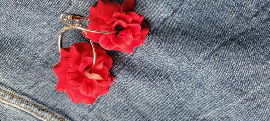 Red Rose Earrings On A Hoop
