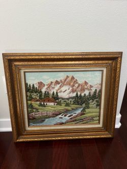 Vintage handmade Japanese embroidery, professionally framed Bunka - mountain landscape