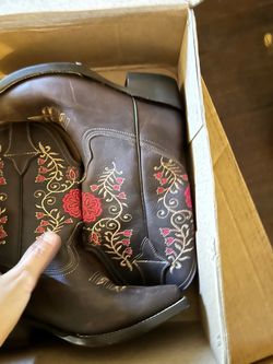 Kids Brown Leather Cowboy Boots with Rose Embroidery