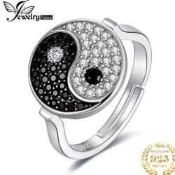 925 Sterling Silver Yin Yang Black and White Spinel Adjustable Ring 