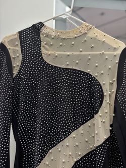 Black & Nude Bedazzled W/Pearls Long Sleeve Short Dress