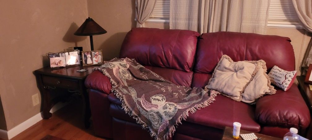 Genuine Leather Sofa, Lovesest And Swivel Recliner Set In A Rich Bordeaux Color.  